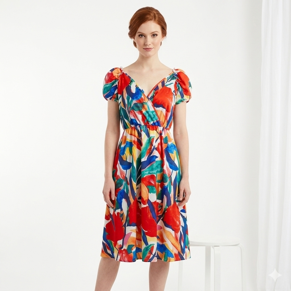 SHEIN Multicolor V-Neck Puff Sleeve Midi Dress 2XL Polyester Elastane Summer